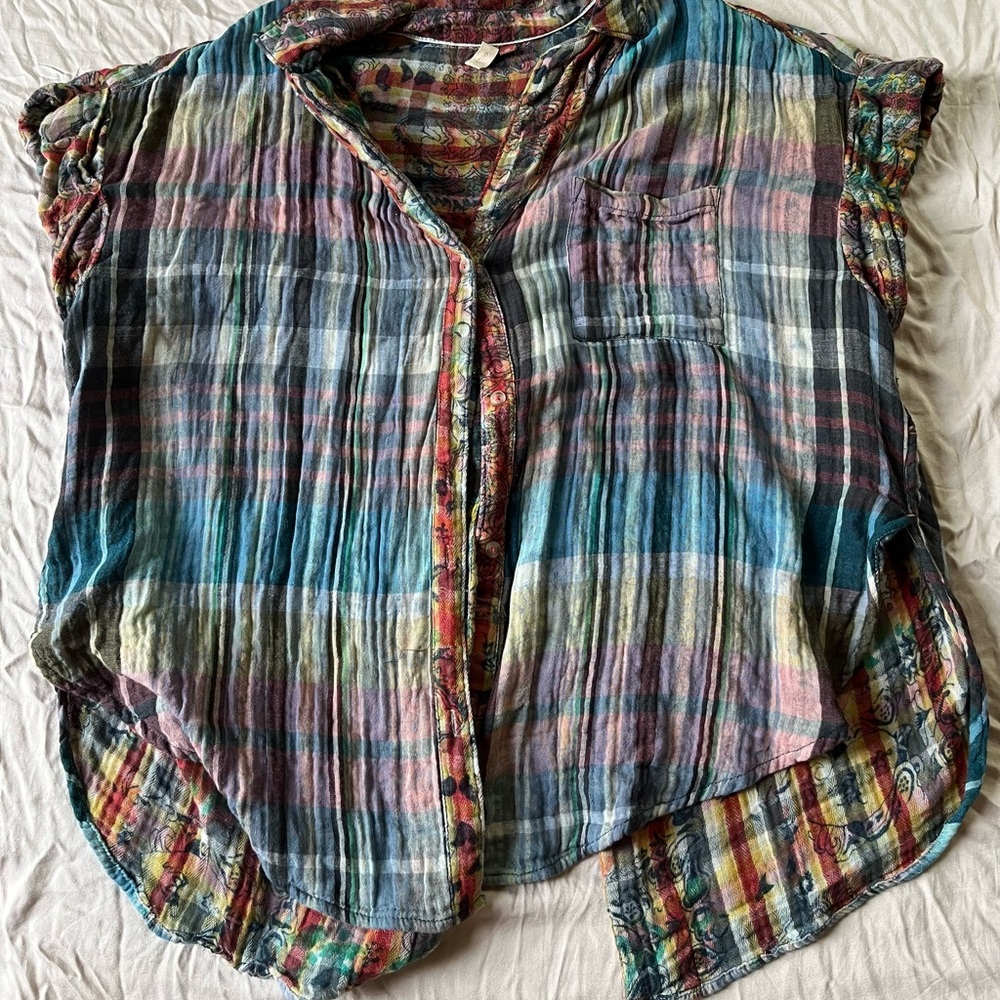 Pilcro Blue Orange Sleeveless Button Down Shirt
